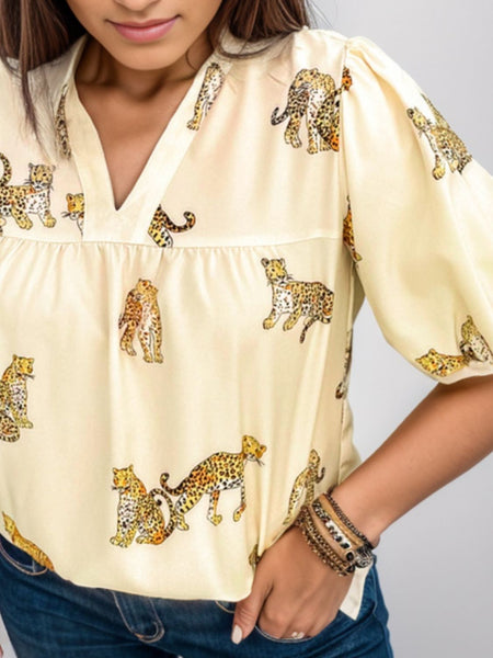 Plus Size Tiger Printed Notched Blouse