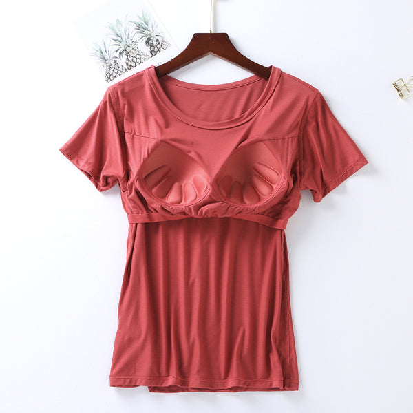 Plus Size Round Neck Short Sleeve T-Shirt with Bra