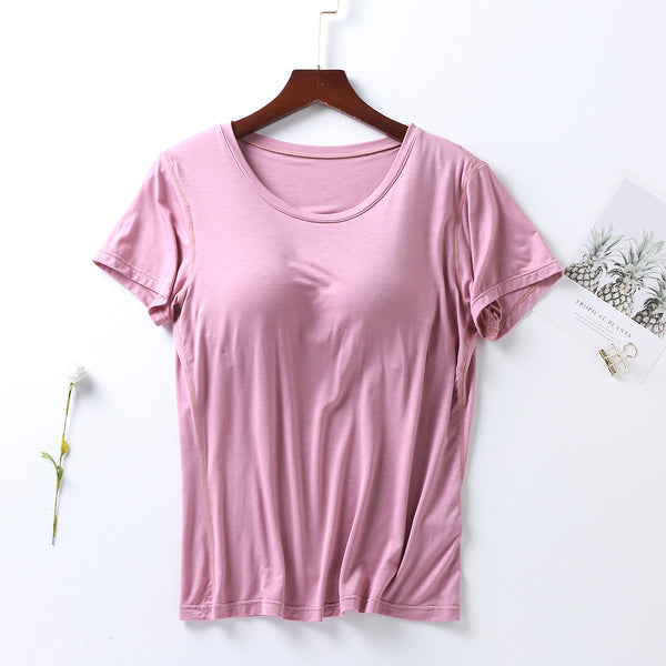 Plus Size Round Neck Short Sleeve T-Shirt with Bra