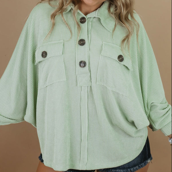 Plus Size Collared Neck Half Button Top