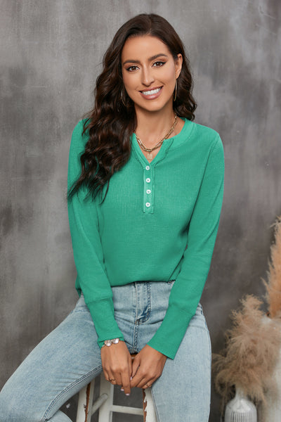 Buttoned Notched Neck Long Sleeve T-Shirt