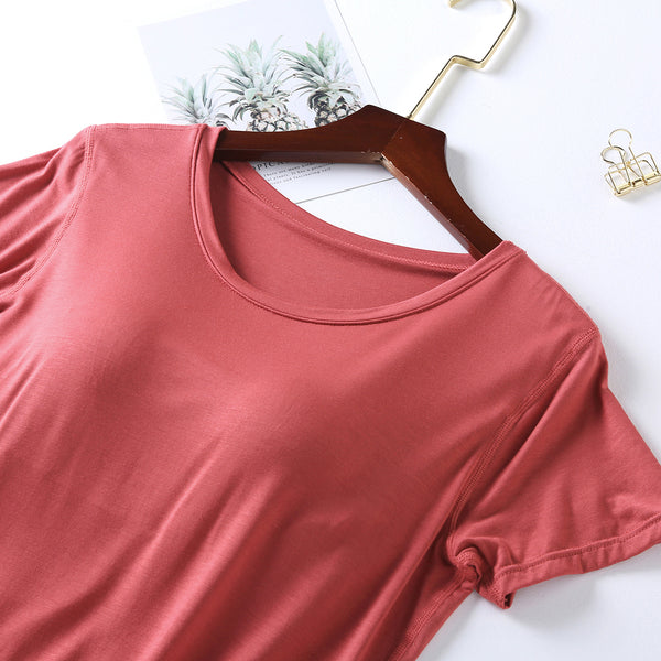 Plus Size Round Neck Short Sleeve T-Shirt with Bra