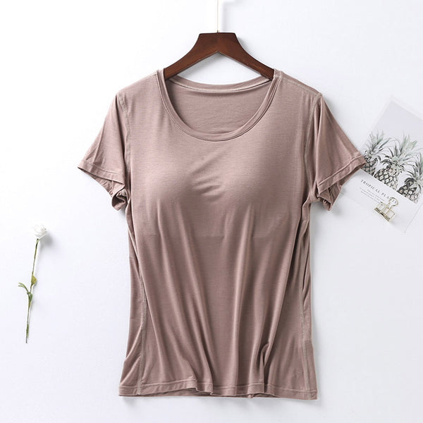 Plus Size Round Neck Short Sleeve T-Shirt with Bra