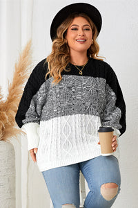 Plus Size Color Block Round Neck Cable-Knit Sweater