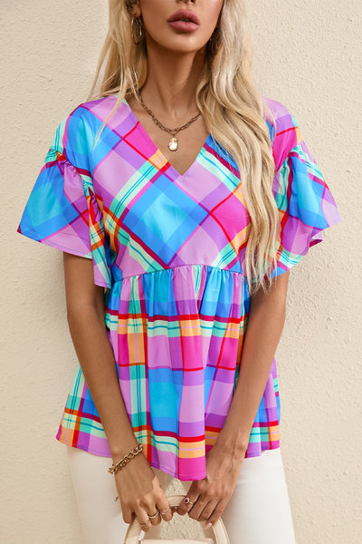 Plaid V-Neck Short Sleeve Blouse