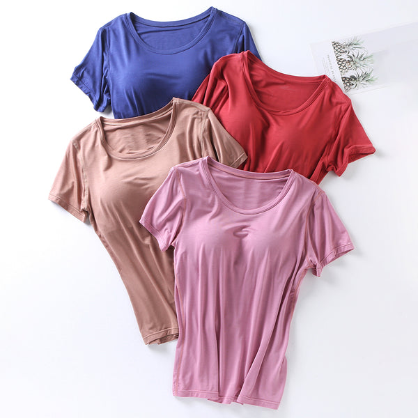 Plus Size Round Neck Short Sleeve T-Shirt with Bra