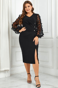 Plus Size Butterfly Applique Balloon Sleeve Slit Dress