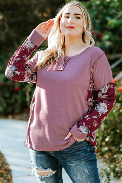 Plus Size Floral Exposed Seam Quarter-Button Henley Top