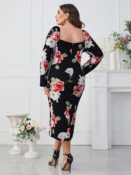 Plus Size Printed Square Neck Long Sleeve Dress