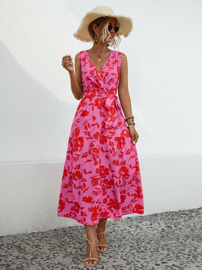 Tied Printed Surplice Tiered Dress