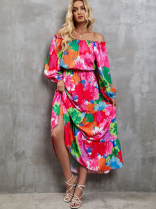 Printed Off-Shoulder Balloon Sleeve Tiered Dress