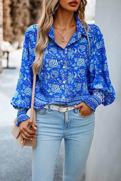 Printed Collared Neck Smocked Lantern Sleeve Shirt