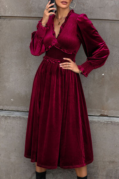 Smocked Lantern Sleeve Midi Dress