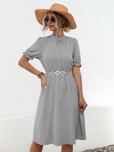 Printed Mock Neck Flounce Sleeve Dress