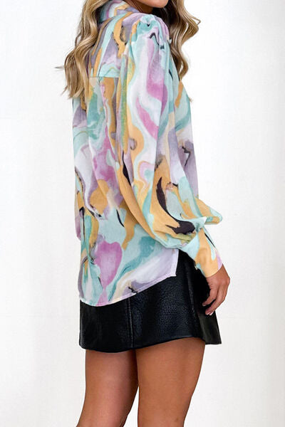 Printed Button Up Lantern Sleeve Shirt