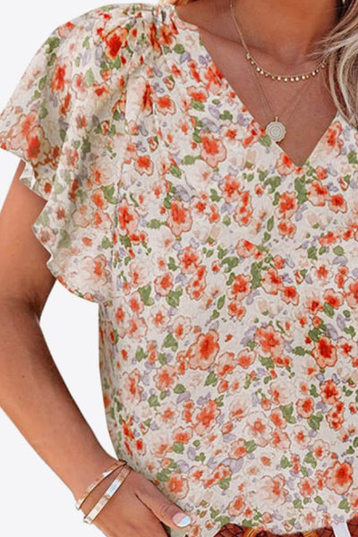 Floral V-Neck Flutter Sleeve Blouse