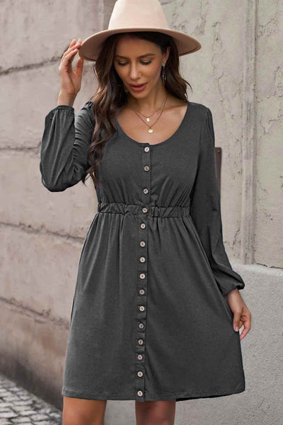 Plus Size Button Front Elastic Waist Long Sleeve Dress