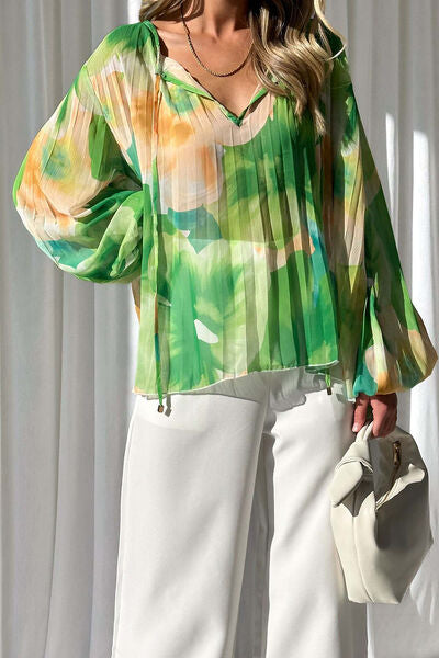 Printed Tie Neck Balloon Sleeve Blouse