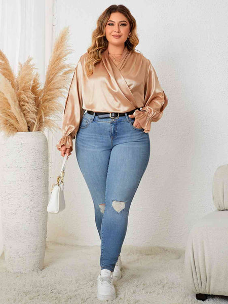 Plus Size Surplice Neck Flounce Sleeve Blouse