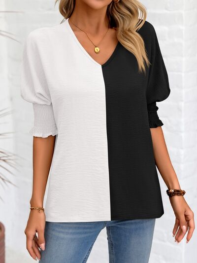 Contrast V-Neck Lantern Sleeve Blouse