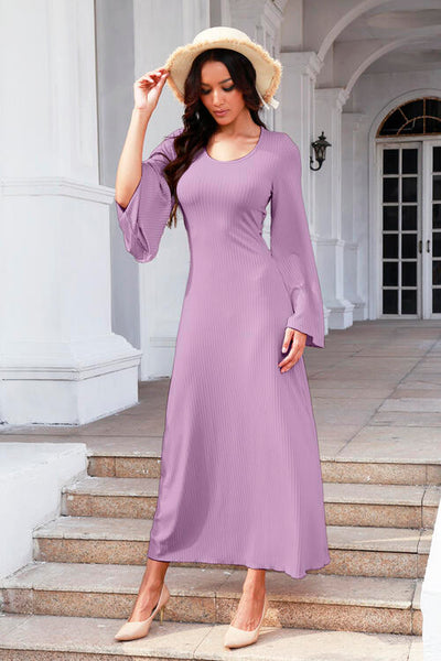 Tie Back Ribbed Round Neck Long Sleeve Dress