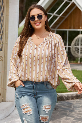 Plus Size Striped Notched Neck Blouse