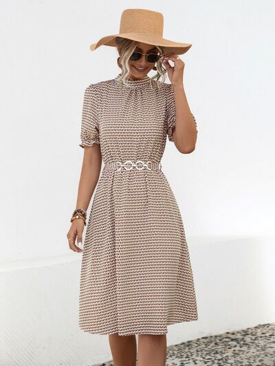 Printed Mock Neck Flounce Sleeve Dress