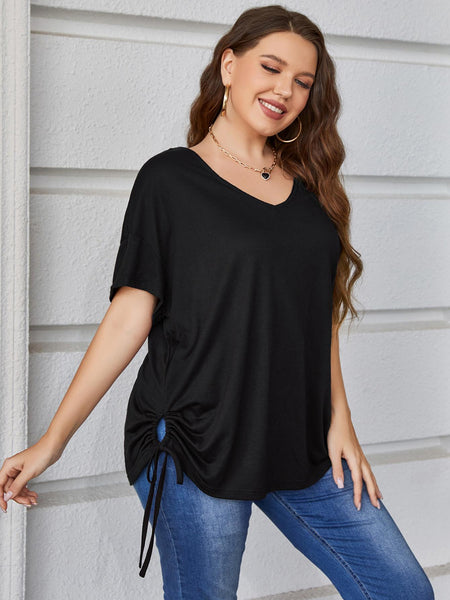 Plus Size Drawstring V-Neck Short Sleeve Blouse