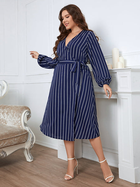 Melo Apparel Plus Size Striped Surplice Neck Long Sleeve Dress