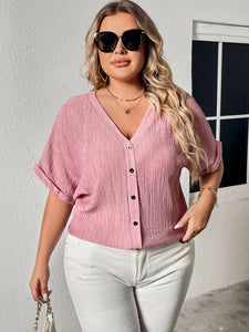 Plus Size Buttoned V-Neck Short Sleeve Blouse