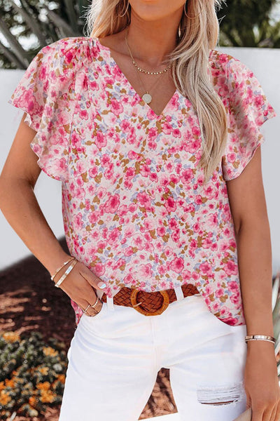 Floral V-Neck Flutter Sleeve Blouse