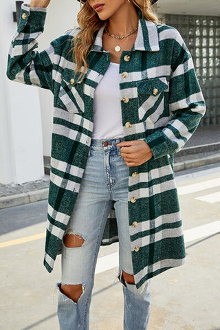 Plaid Button Up Collared Neck Coat with Pockets