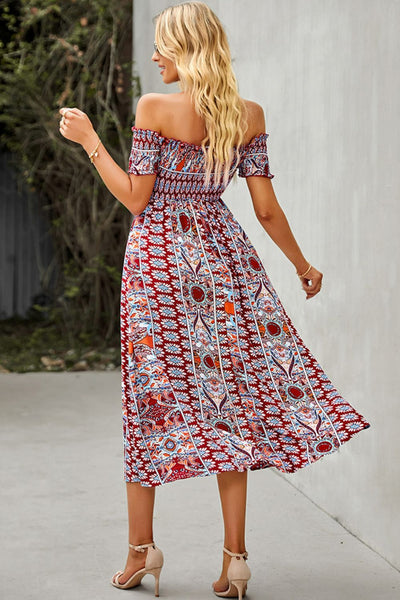 Bohemian Off-Shoulder Frill Trim Split Dress