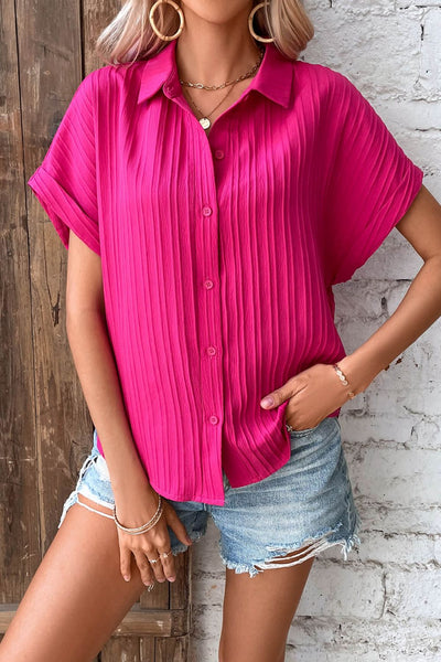 Textured Button-Up Cuffed Dolman Sleeve Shirt