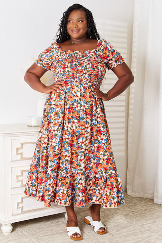 Double Take Plus Size Floral Smocked Square Neck Dress