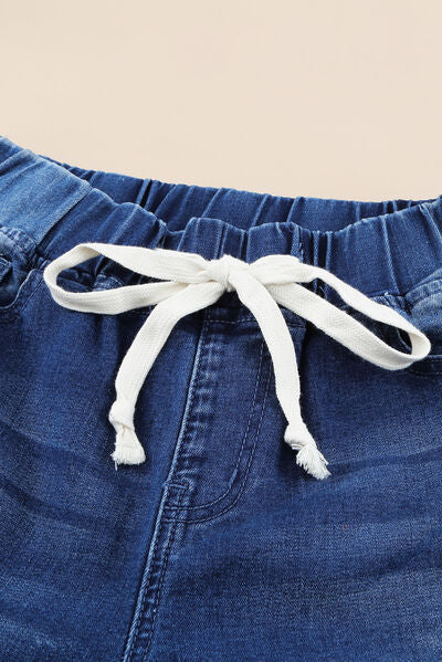 Drawstring Distressed Raw Hem Jeans with Pockets