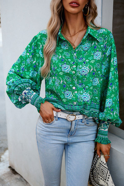 Printed Collared Neck Smocked Lantern Sleeve Shirt