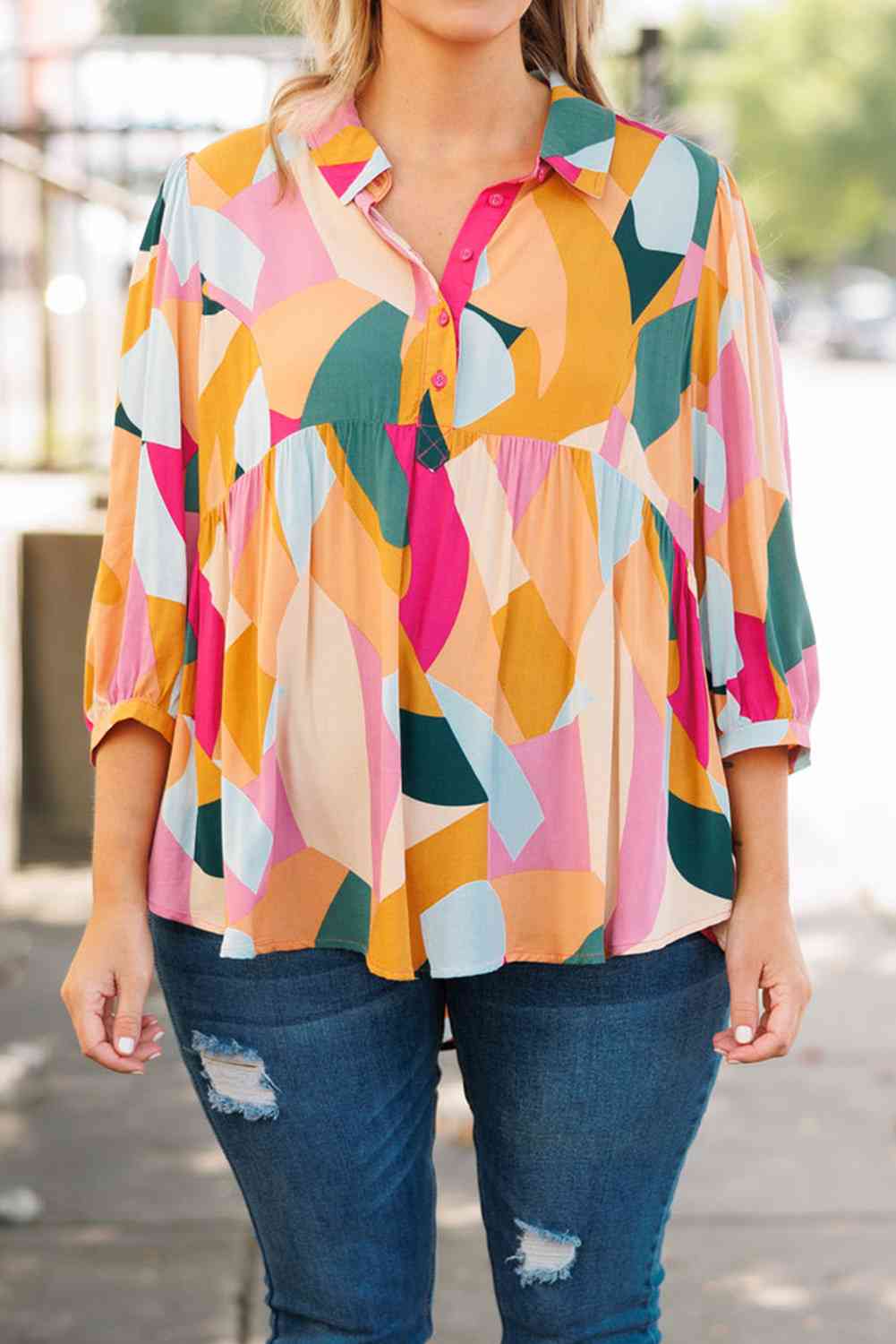 Plus Size Printed Collared Neck Half Button Top