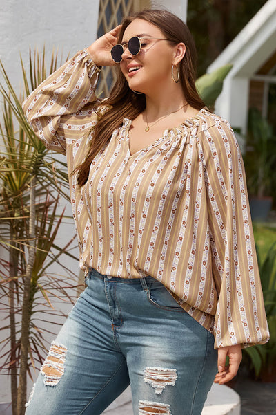 Plus Size Striped Notched Neck Blouse