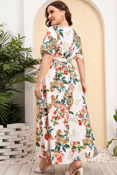 Plus Size Printed Surplice Short Sleeve Maxi Dress