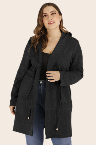 Plus Size Drawstring Waist Hooded Cardigan with Pockets